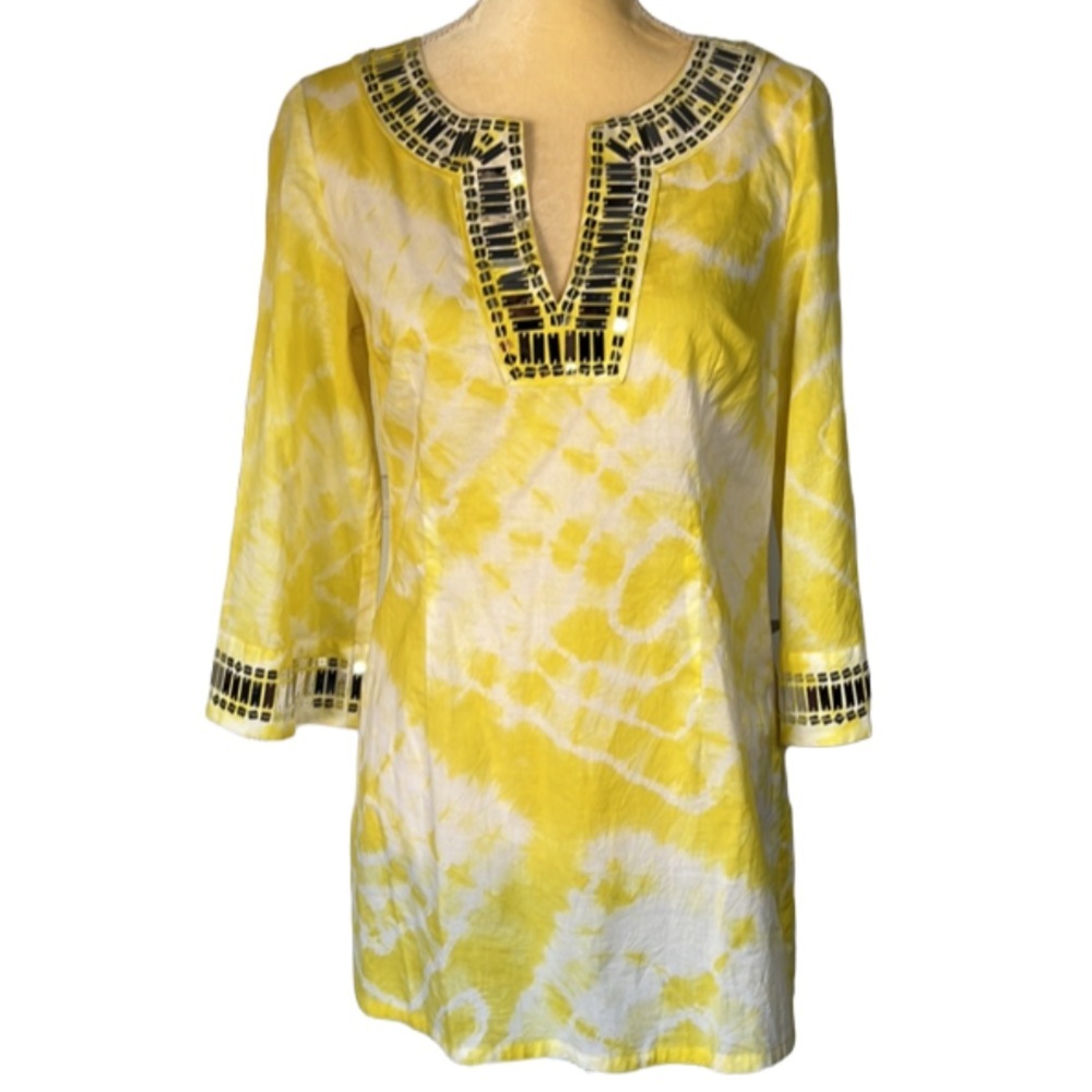 INC TUNIC YELLOW AND WHITE SIZE 2 TWO 3/4 SLEEVES WITH SHINY SILVER ACCENTS
